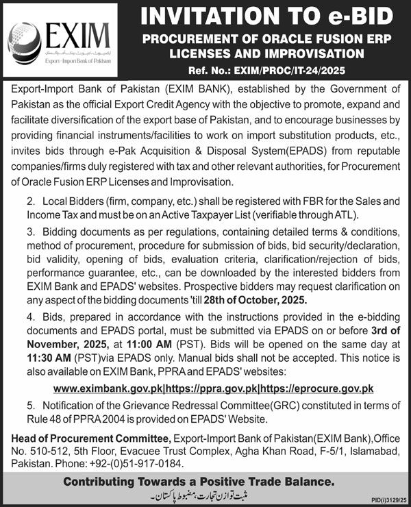 Export Import Bank of Pakistan Tender Notice